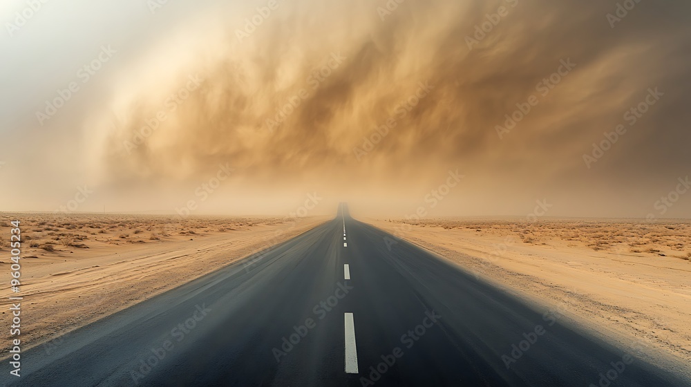 Fototapeta premium Endless Highway of Life's Challenges - Conceptual Image of Vast Journey Through Sandstorms | Ultra High Quality
