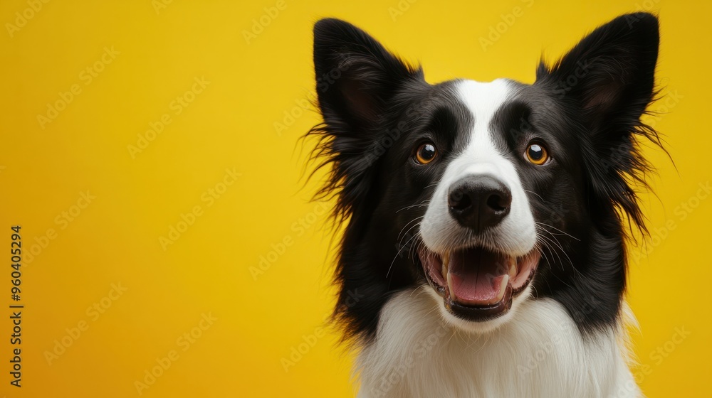 Border collie isolated on yellow background with copy space. Close up portrait of happy smiling sheepdog dog face head looking at camera. Banner for pet shop. Pet care and animals concept for ads card Border collie isolated on yellow background with copy space. Close up portrait of happy smiling sheepdog dog face head looking at camera. Banner for pet shop. Pet care and animals concept for ads card