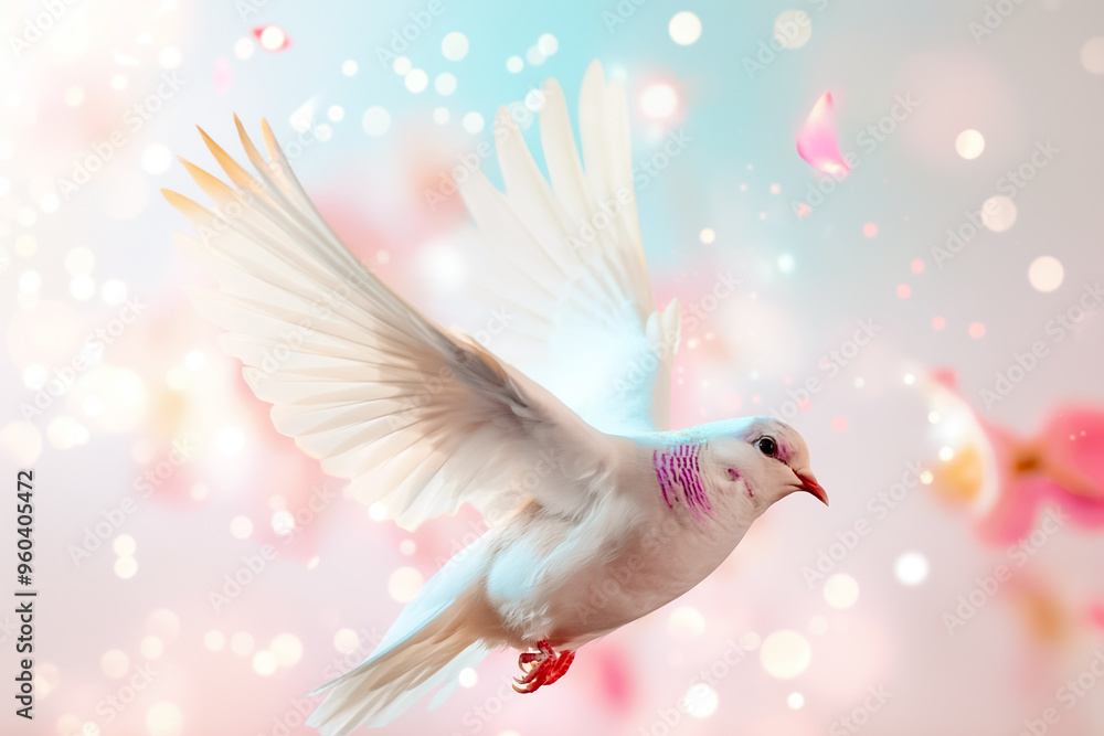 Fototapeta premium The dove flies elegantly through the air amidst a dreamy pastel backdrop, surrounded by gentle petal confetti, capturing a tranquil and uplifting moment