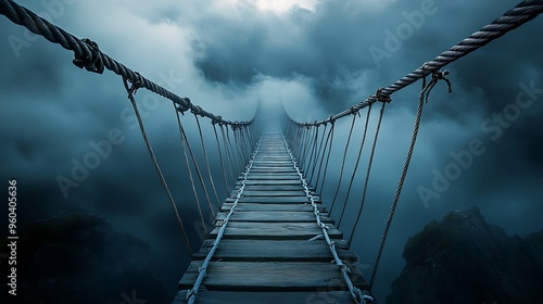 Perilous Passage: Rickety Rope Bridge Over Deep Chasm Amid Dark Clouds - Concept of Life's Delicate Balance | Ultra High Quality