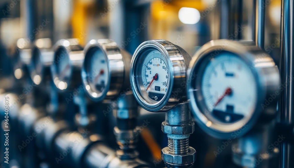 A close-up view of pressure gauges and piping in an industrial setting, indicating measurement and control of fluids. A close-up view of pressure gauges and piping in an industrial setting, indicating measurement and control of fluids.