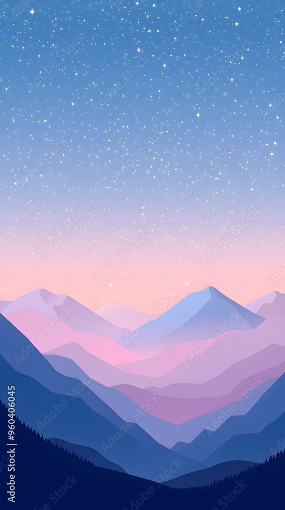 A simple flat illustration of a starry sky, with a pink and blue gradient background and mountains in the distance A simple flat illustration of a starry sky, with a pink and blue gradient background and mountains in the distance