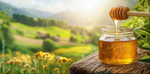 Honey pouring from honey dipper into jar, close-up, sunny landscape with flower meadows, copy space photo