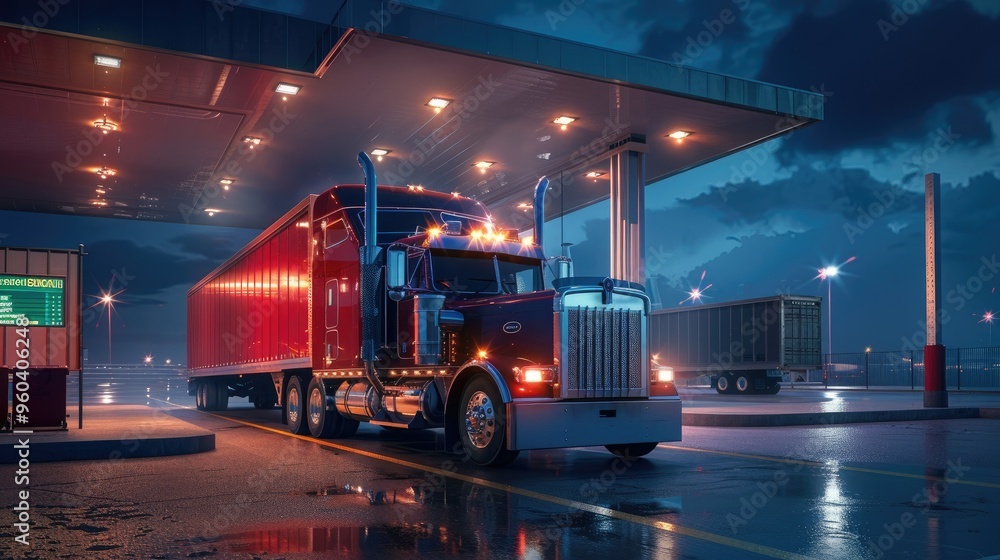 A red semi truck parked at a remote desert truck stop, with clear skies and mountains in the background. A red semi truck parked at a remote desert truck stop, with clear skies and mountains in the background.