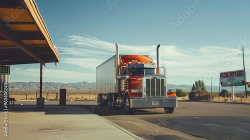 A red semi truck parked at a remote desert truck stop, with clear skies and mountains in the background. photo