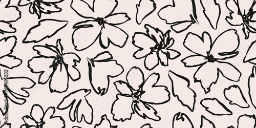 Flower seamless background. Abstract hand drawn lines floral pattern. Modern print in black and white. Ideal for textile design, fabric printing, wallpaper, decoration, cards, and posters.