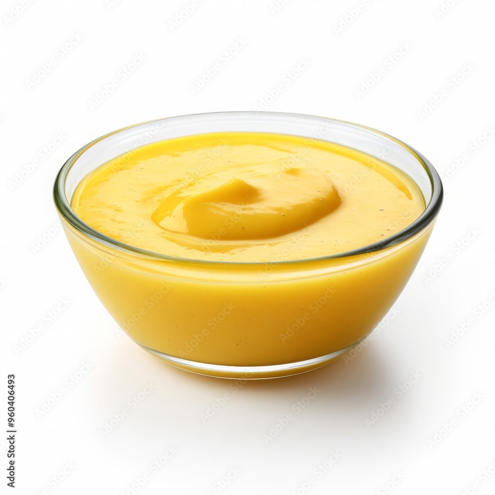 A portion of mustard sauce in white bowl isolated on white background, studio lighting A portion of mustard sauce in white bowl isolated on white background, studio lighting