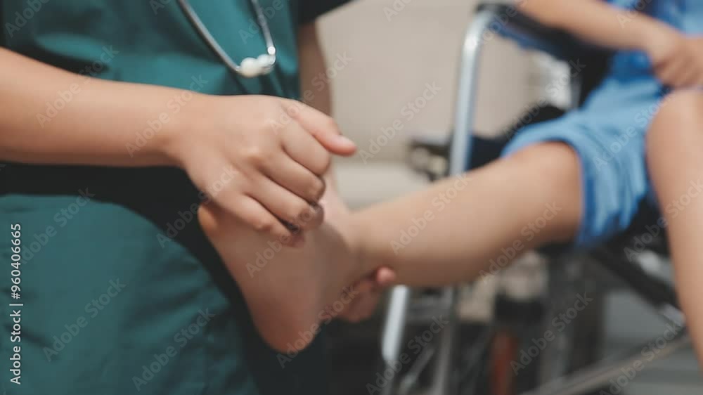 Male doctor orthopedist examining patient's leg in clinic. Male doctor orthopedist examining patient's leg in clinic.