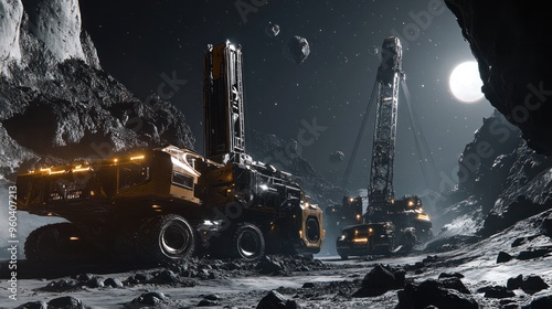 The crew sets up a massive drilling rig on the asteroid, the machinery towering over them, the harsh asteroid landscape filled with craters and jagged rocks
