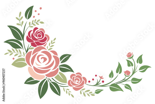 Floral corner element with roses and leaves vector illustration 
