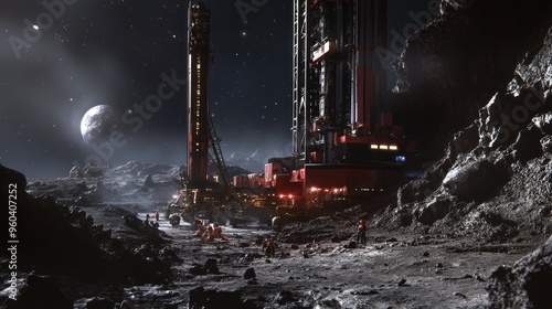 The crew sets up a massive drilling rig on the asteroid, the machinery towering over them, the harsh asteroid landscape filled with craters and jagged rocks