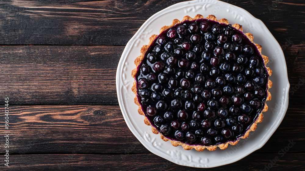Scrumptious blueberry tart on white plate, captured from above on dark wooden table Scrumptious blueberry tart on white plate, captured from above on dark wooden table