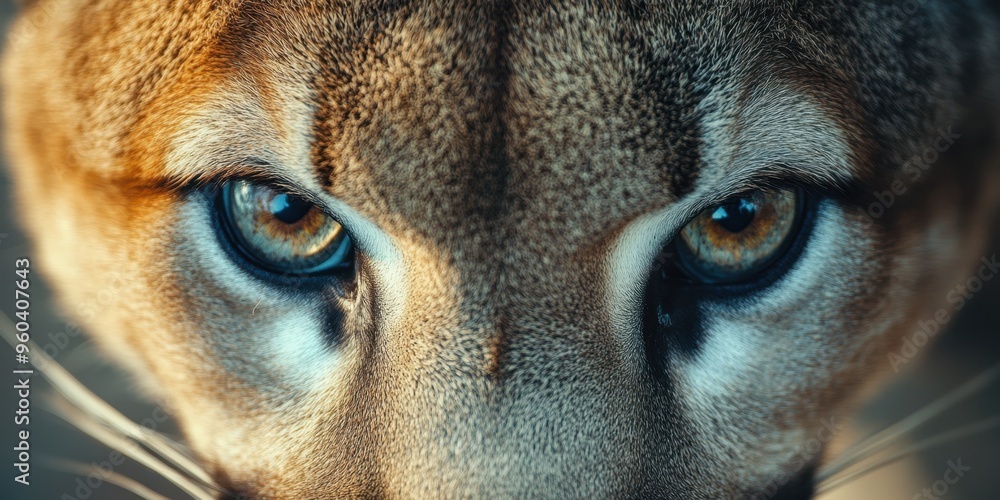 Obraz premium Close-up of a Mountain Lion's Focused Gaze in the Wild, Showcasing the Intensity of This Majestic Predator in Its Natural Habitat.