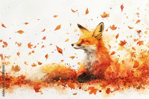 A whimsical fox surrounded by falling autumn leaves in a watercolor style. photo