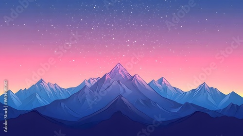 A simple flat illustration of a starry sky, with a pink and blue gradient background and mountains in the distance