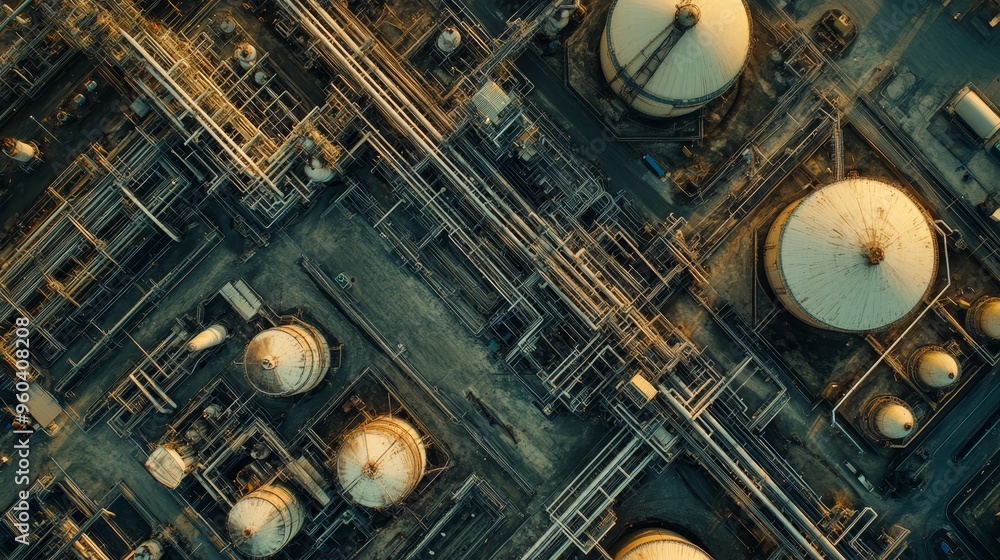 Aerial view of an industrial facility with storage tanks and extensive piping systems. Aerial view of an industrial facility with storage tanks and extensive piping systems.