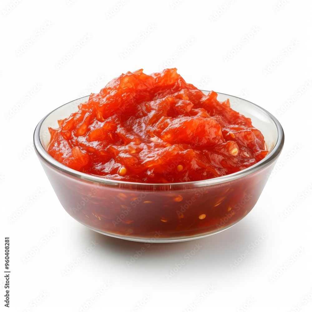 a portion of sambal sauce in transparent bowl isolated on white background, studio lighting a portion of sambal sauce in transparent bowl isolated on white background, studio lighting