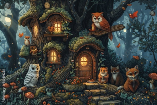 A whimsical treehouse nestled in a magical forest, illuminated by glowing windows and surrounded by woodland creatures.