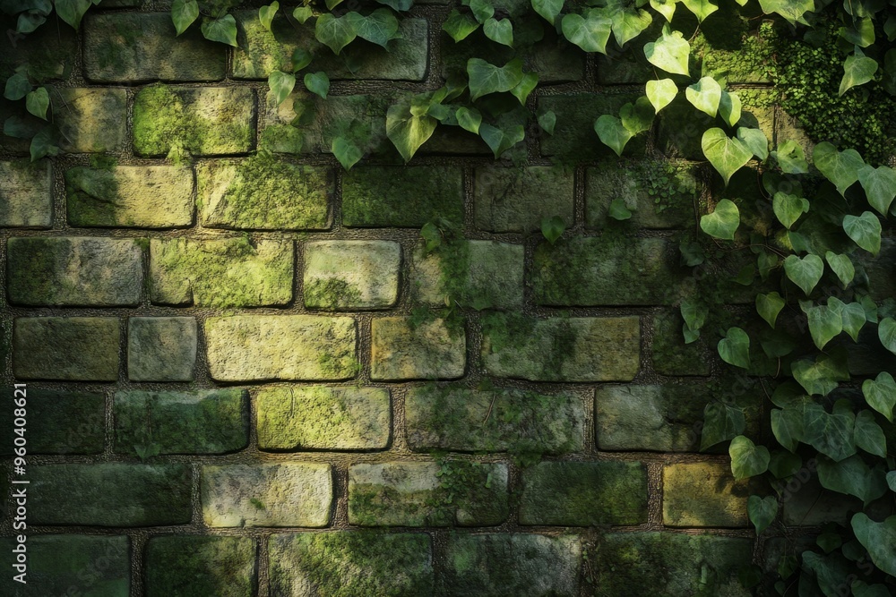 Old green bricks covered with ivy and moss create a rustic atmosphere in a shaded corner Old green bricks covered with ivy and moss create a rustic atmosphere in a shaded corner
