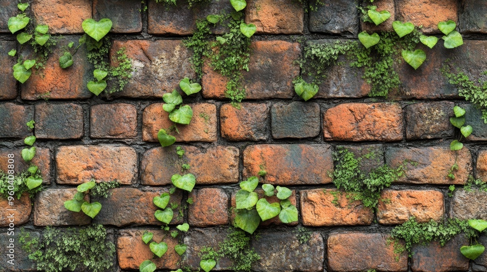 Old rustic brick wall with ivy and moss growing in various shades of brown and red Old rustic brick wall with ivy and moss growing in various shades of brown and red