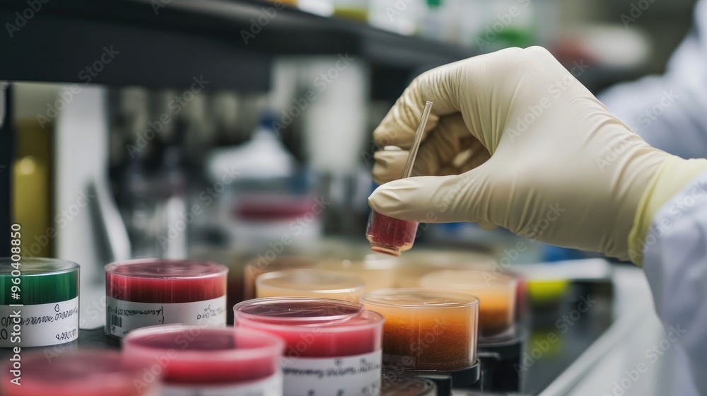 A scientist wearing blue gloves examines liquid samples in plastic containers during a research experiment in a laboratory setting. A scientist wearing blue gloves examines liquid samples in plastic containers during a research experiment in a laboratory setting.