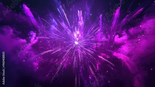 Purple Firework celebrate anniversary happy new year 2025, 4th of july holiday festival. Banner Purple firework night time National holiday. Violet firework New year 2026 festival, generative ai