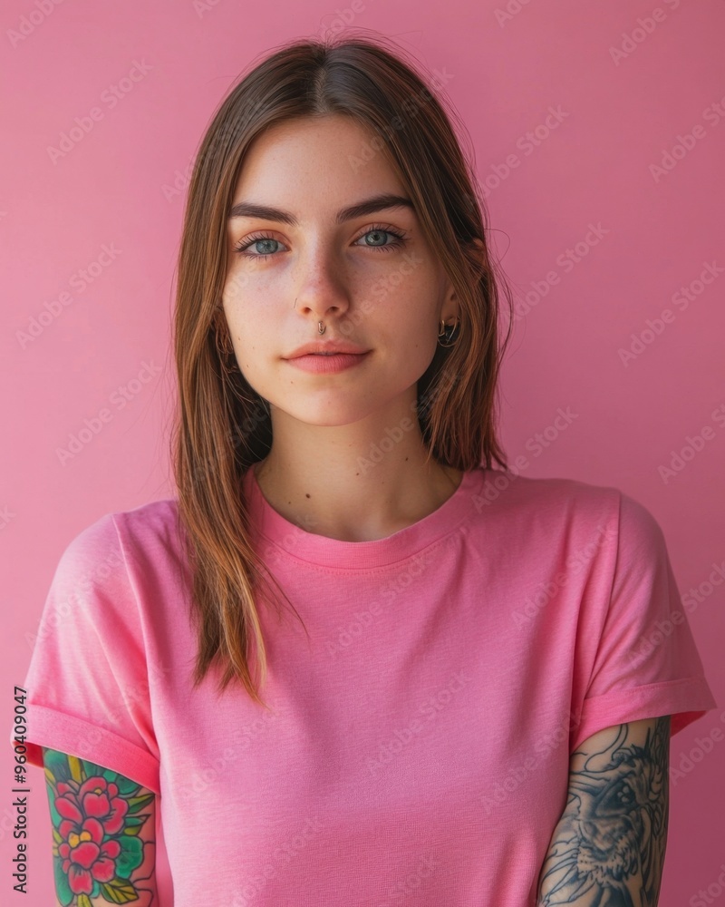 Fototapeta premium Confident girl with colorful arm tattoo in pink t-shirt against minimalist background