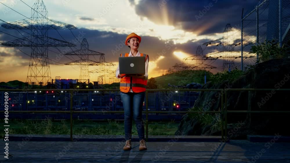 Full Body Of Asian Female Engineer With Safety Helmet Working On A Laptop And Looking Around While Standing Near High Voltage Tower Full Body Of Asian Female Engineer With Safety Helmet Working On A Laptop And Looking Around While Standing Near High Voltage Tower