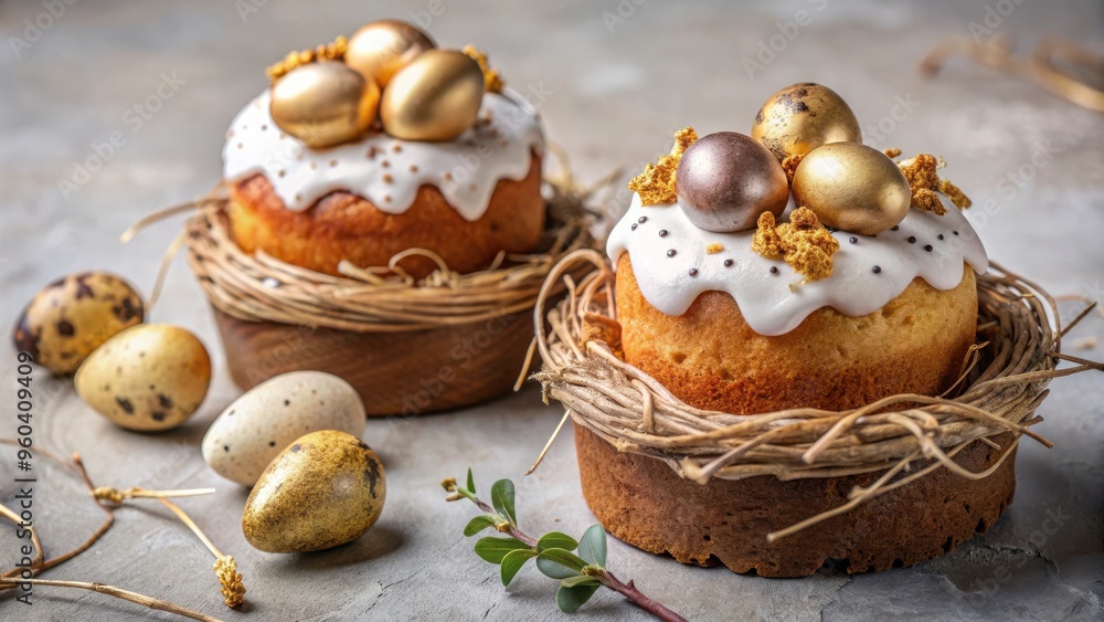 Easter cakes decorated with nest and gold quail eggs, perfect for holiday celebrations Easter cakes decorated with nest and gold quail eggs, perfect for holiday celebrations