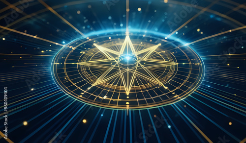 A holographic nautical compass on top of glowing lines representing network communication with sparkles of light in yellow and blue tones