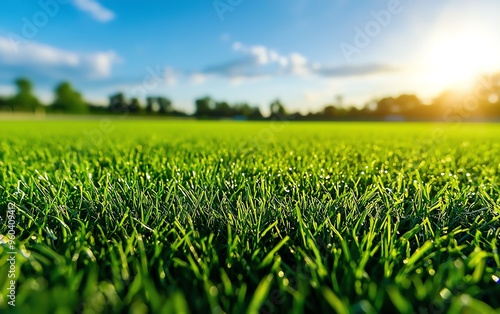 Vast soccer field with natural grass, early morning dew, and calm pregame atmosphere