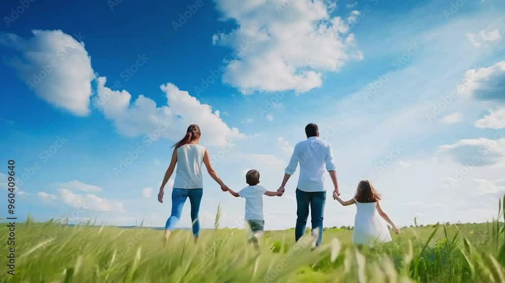Happy family parents and children walking on a green field Happy family parents and children walking on a green field