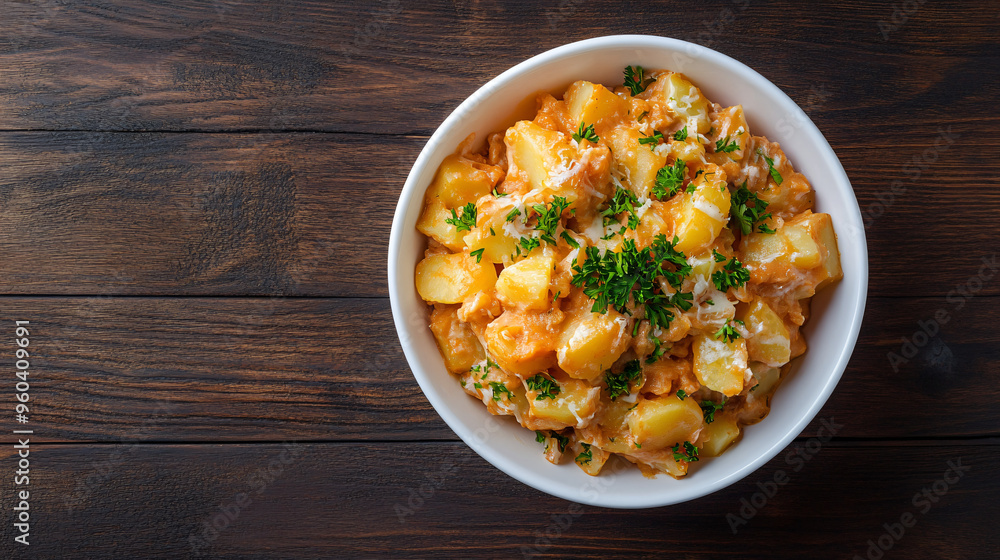 Traditional spanish tapas dish of patatas bravas served in a white bowl, topped with a spicy tomato sauce and fresh parsley Traditional spanish tapas dish of patatas bravas served in a white bowl, topped with a spicy tomato sauce and fresh parsley
