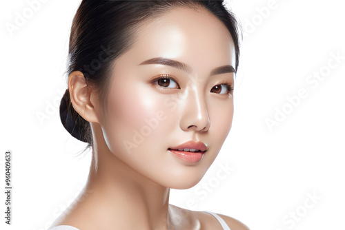 Asian woman showcasing radiant, clean skin, engaged in a skincare routine, translucent background emphasizing clarity and youthfulness, backlit with a soft glow, emphasizing the purity of skin