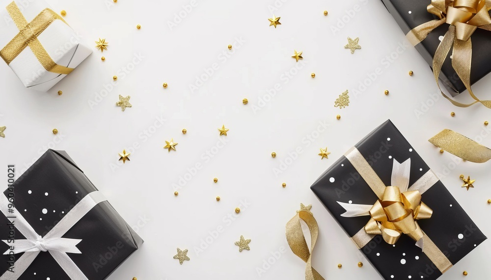 Elegant Black and White Gift Boxes Adorned with Gold Ribbon on Shiny Background: Flat Lay Inspiratio Elegant Black and White Gift Boxes Adorned with Gold Ribbon on Shiny Background: Flat Lay Inspiratio