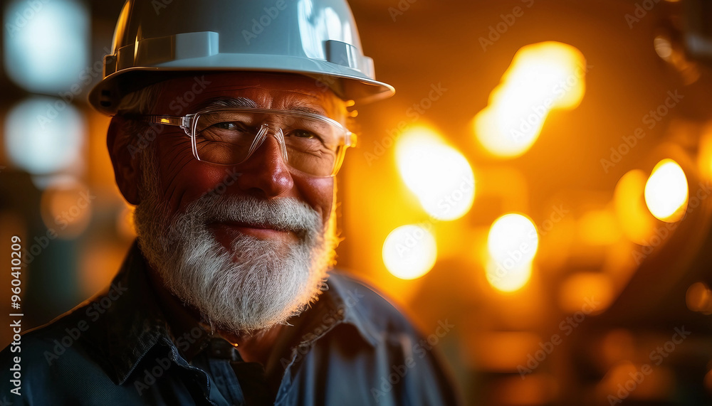 A rugged, older man with a gray beard and hard hat stands in the middle of a busy industrial A rugged, older man with a gray beard and hard hat stands in the middle of a busy industrial
