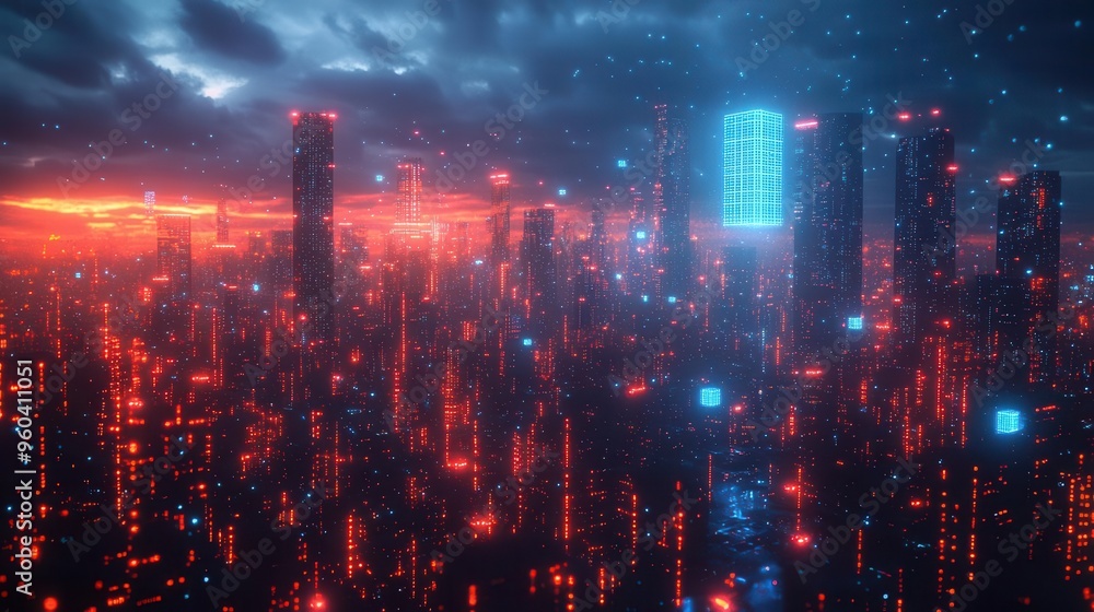 futuristic cyberpunk cityscape with neonlit geometric structures 3d cubes floating in blue light sleek skyscrapers and holographic technology displays futuristic cyberpunk cityscape with neonlit geometric structures 3d cubes floating in blue light sleek skyscrapers and holographic technology displays