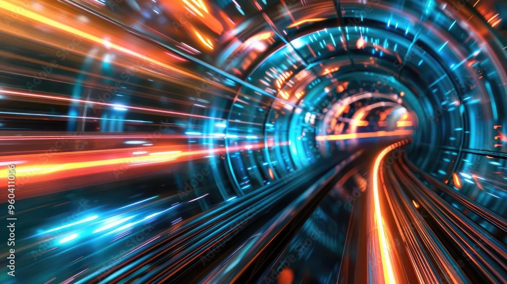 Obraz premium Futuristic tunnel with vibrant lights and motion blur, creating a dynamic and immersive experience.