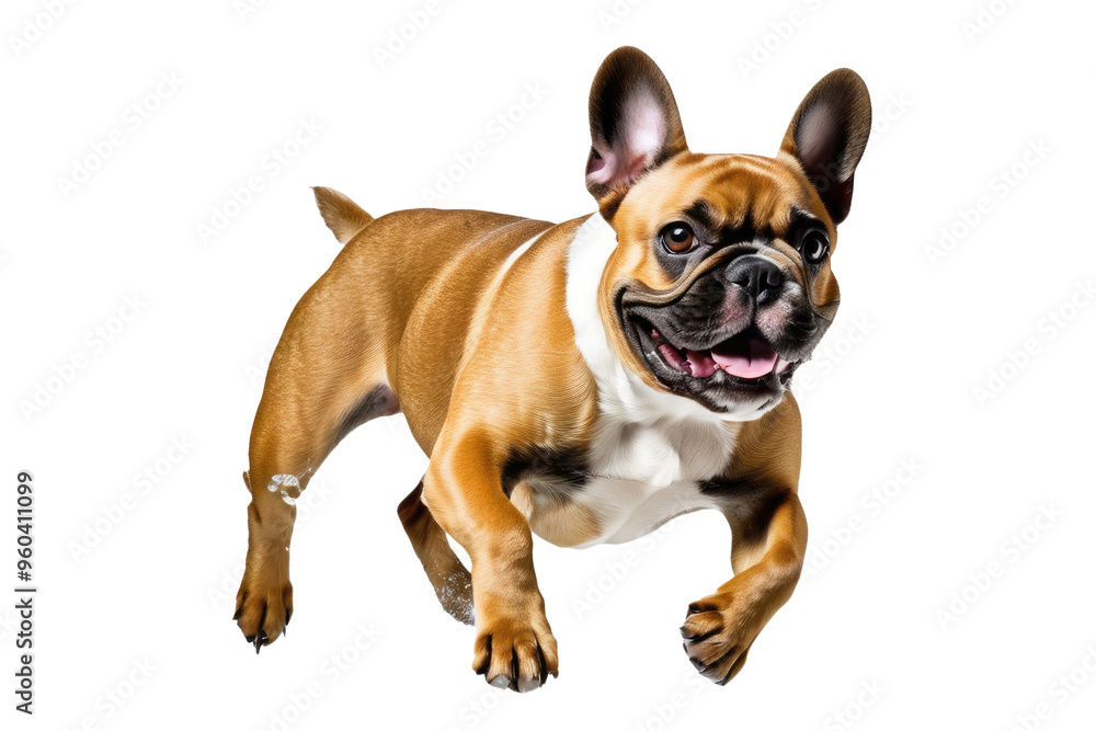 French Bulldog captured mid-jump, front paws elegantly positioned, centered and isolated against a pure white backdrop, motion blur emphasizing the action, frozen in time French Bulldog captured mid-jump, front paws elegantly positioned, centered and isolated against a pure white backdrop, motion blur emphasizing the action, frozen in time