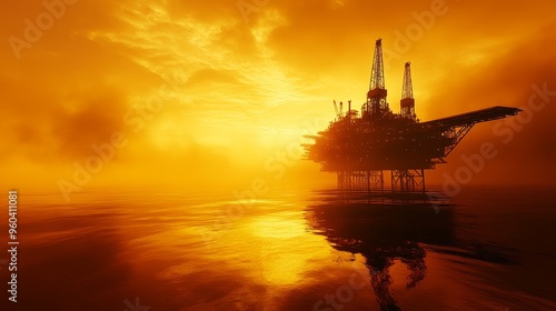 A silhouetted oil rig stands against a vibrant sunset, reflecting on the calm water, symbolizing energy production.