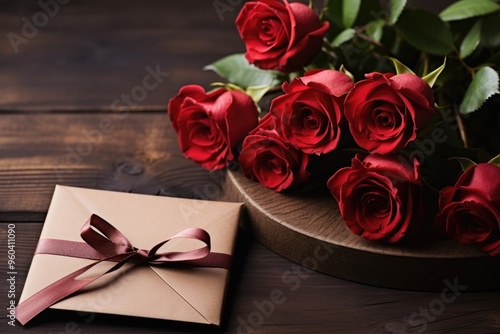 Bouquet of red roses and gift with ribbons on wooden table, close up. Wedding or Valentine's Day celebration