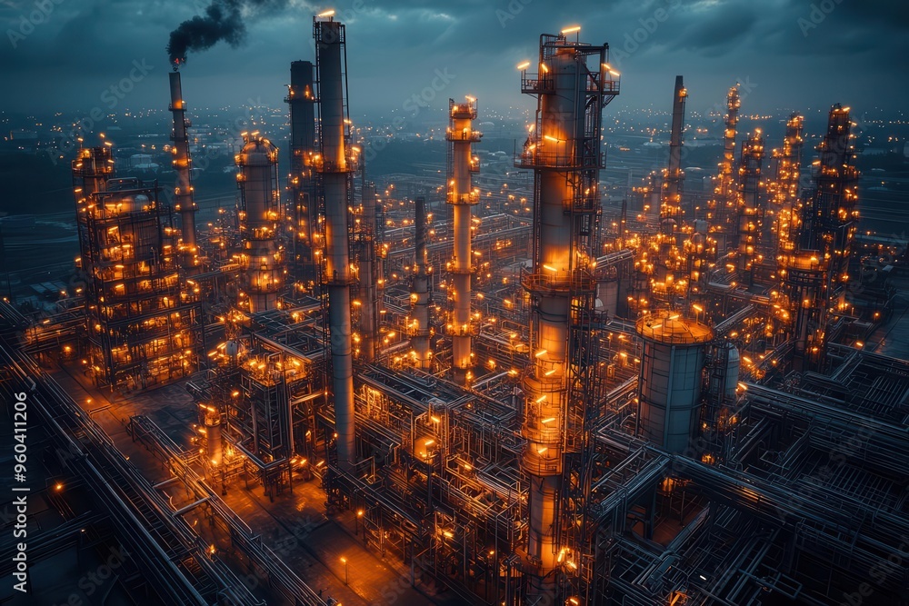 Fototapeta premium aerial view of massive oil refinery complex at twilight intricate network of pipes storage tanks and flare stacks illuminated against darkening sky industrial scale emphasized