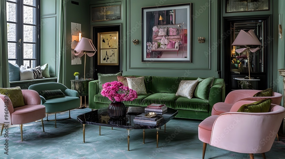 Elegant and Inviting Living Space Featuring a Green Sofa and Pink Accents for a Harmonious Color Scheme Elegant and Inviting Living Space Featuring a Green Sofa and Pink Accents for a Harmonious Color Scheme