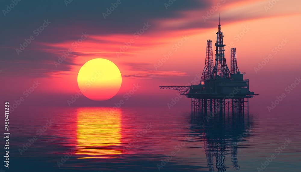 A serene sunset over an oil rig in the ocean, reflecting vibrant colors on the water's surface. A serene sunset over an oil rig in the ocean, reflecting vibrant colors on the water's surface.