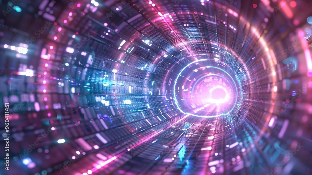 A mesmerizing digital tunnel of vibrant colors and lights, creating a sense of depth and motion in a futuristic setting. A mesmerizing digital tunnel of vibrant colors and lights, creating a sense of depth and motion in a futuristic setting.