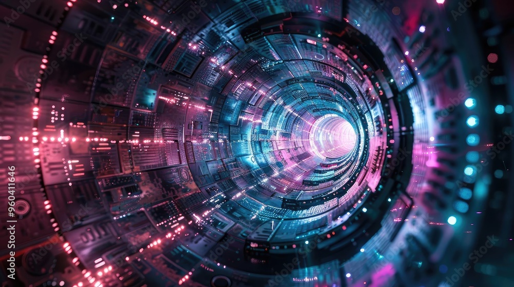 Futuristic tunnel with vibrant neon lights and circuits, creating a mesmerizing digital landscape that inspires imagination. Futuristic tunnel with vibrant neon lights and circuits, creating a mesmerizing digital landscape that inspires imagination.