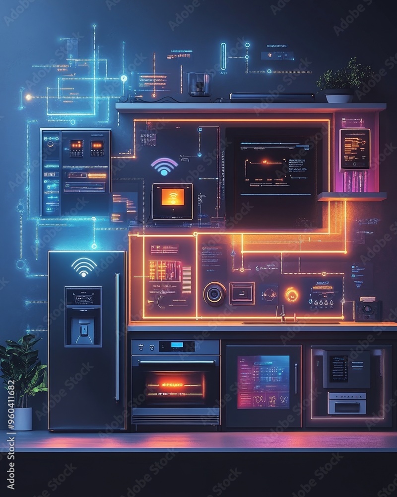 Obraz premium Smart home WiFi network with connected appliances and digital connectivity illustration