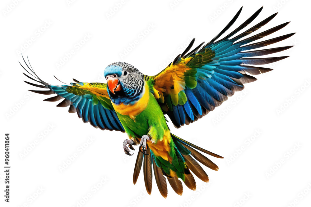 Fototapeta premium Parakeet in mid-flight, wings outstretched, isolate against a transparency background, capturing the vibrant hues of its feathers, detailed feathers texture, natural light, high-resolution