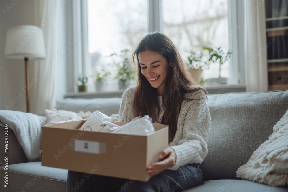 Happy woman unboxing parcel on sofa in cozy living room setting Happy woman unboxing parcel on sofa in cozy living room setting