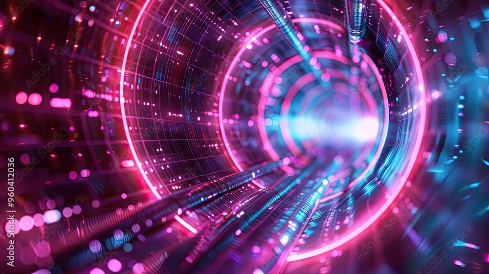 A vibrant digital tunnel with glowing lines and colorful particles, creating a futuristic and dynamic visual experience. A vibrant digital tunnel with glowing lines and colorful particles, creating a futuristic and dynamic visual experience.
